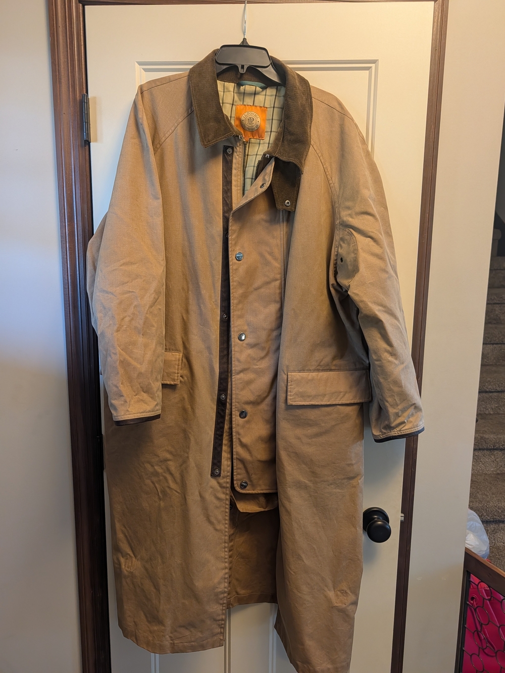 Men's Tan Canvas Duster Coat with Brown Corduroy Collar